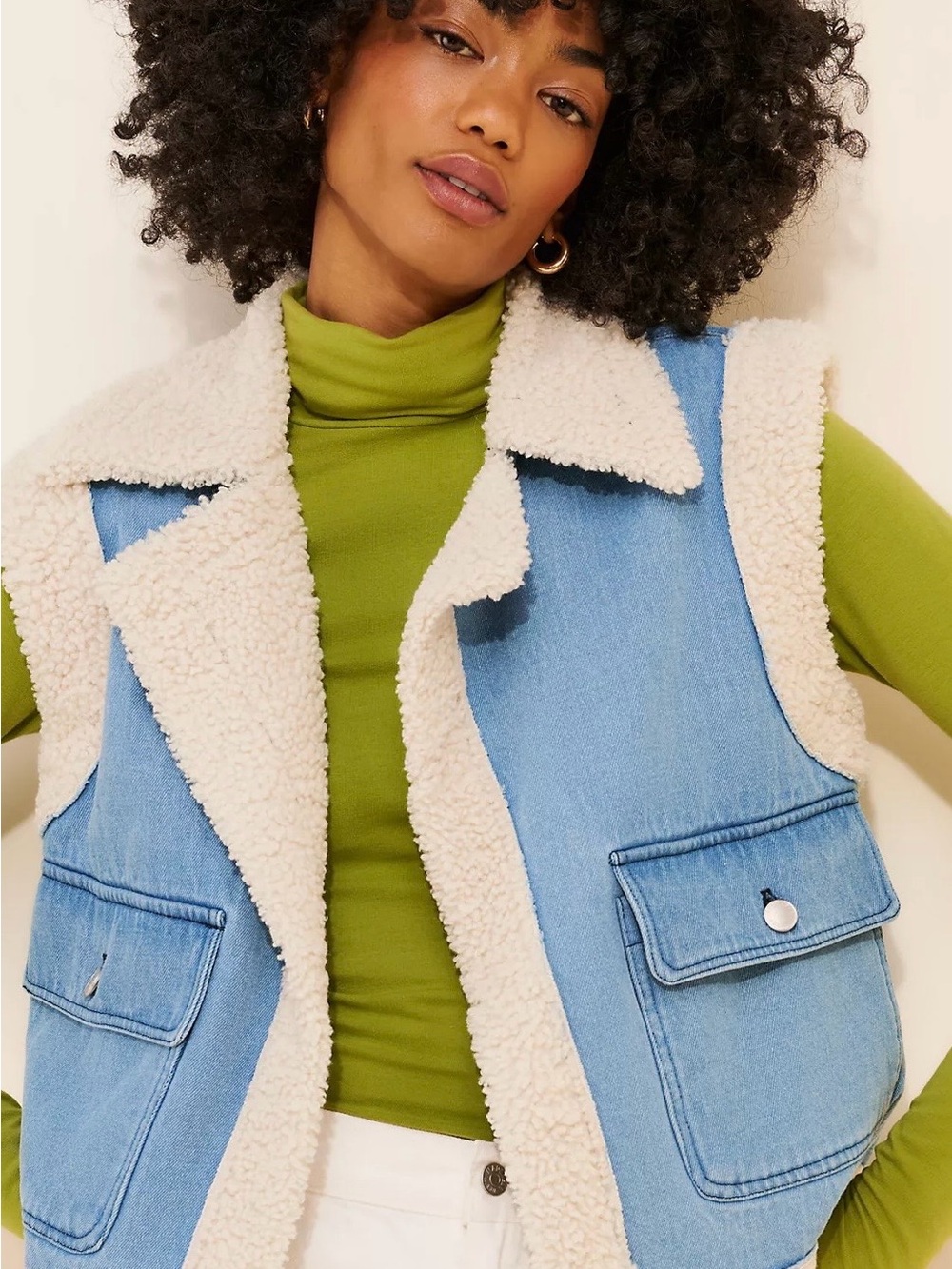 Anthropologie Light Blue Denim Sherpa Vest with Cream Trim